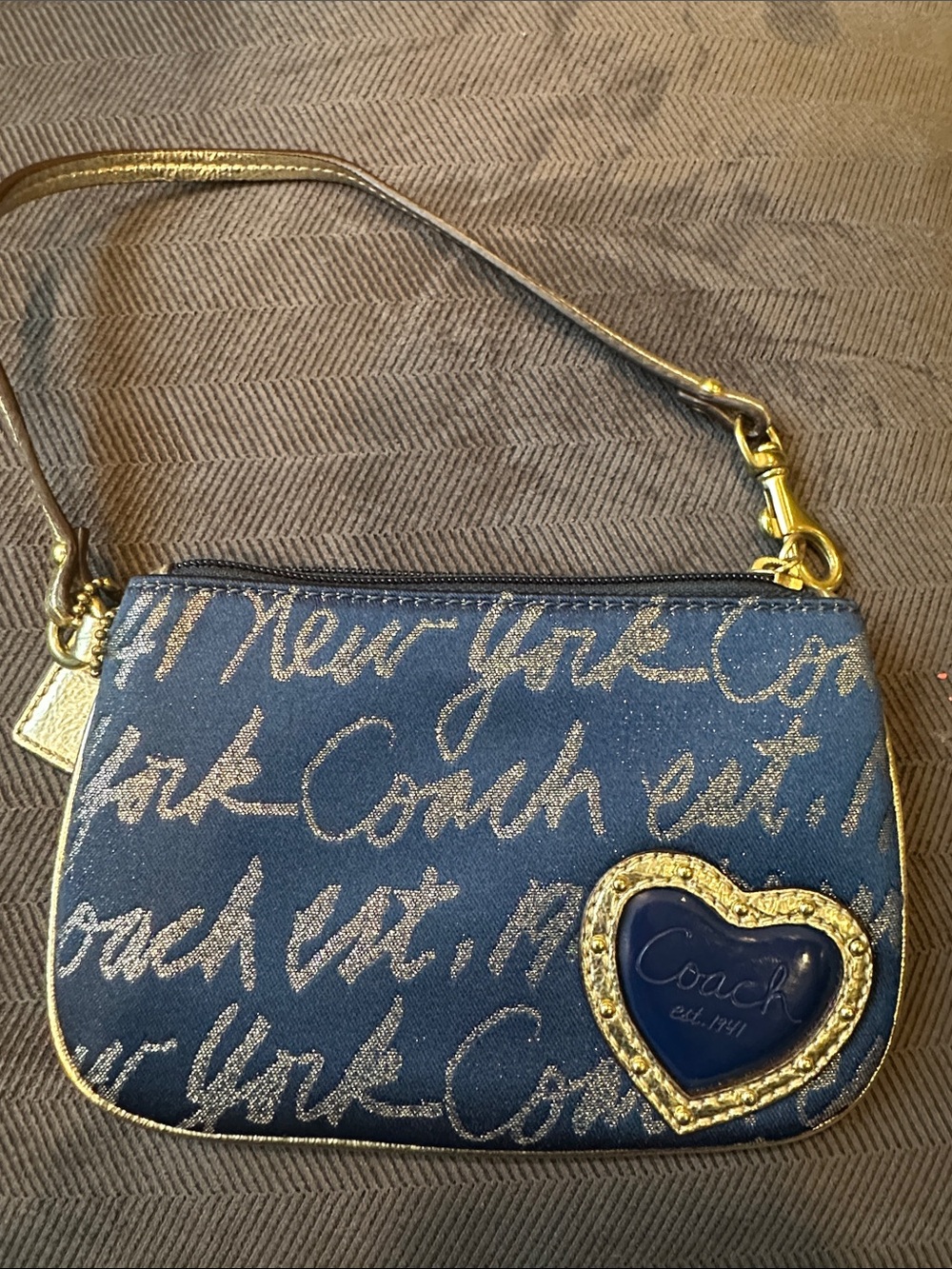 Coach Navy Script Heart Wristlet with Gold Accents